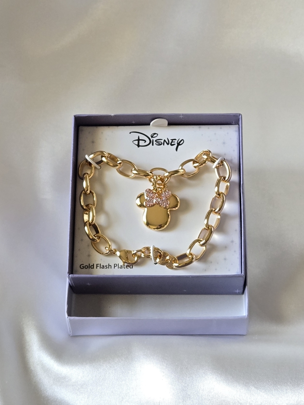Disney Gold-Tone Minnie Mouse Charm Bracelet with Pink Bow - Picture 2 of 4